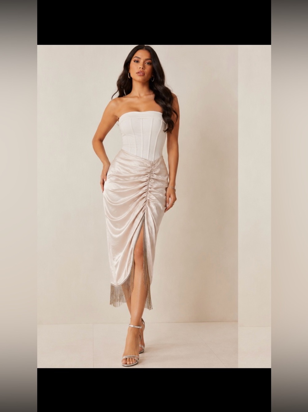 Nasty Gal Satin Ruched Wrap Midi Skirt w/ Fringe Hem Champagne Ivory Size 14